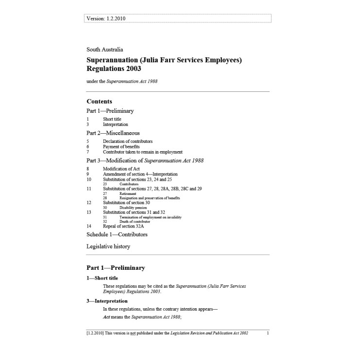 Superannuation (Julia Farr Services Employees) Regulations 2003