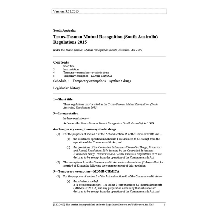 Trans-Tasman Mutual Recognition (South Australia) Regulations 2015